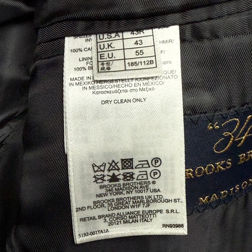 Brooks Brothers 346 Madison Blazer Mens 43R Dark Gray Cashmere Tollegno 1900